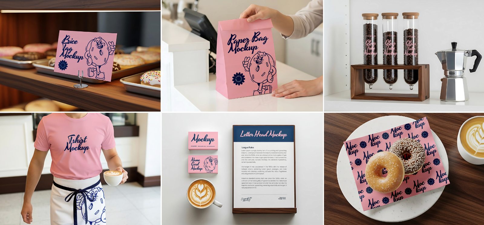 Branding Mockup Donut & Coffee Shop PSD – Cafe Scene Templates for Packaging, Cups, and Menu Design