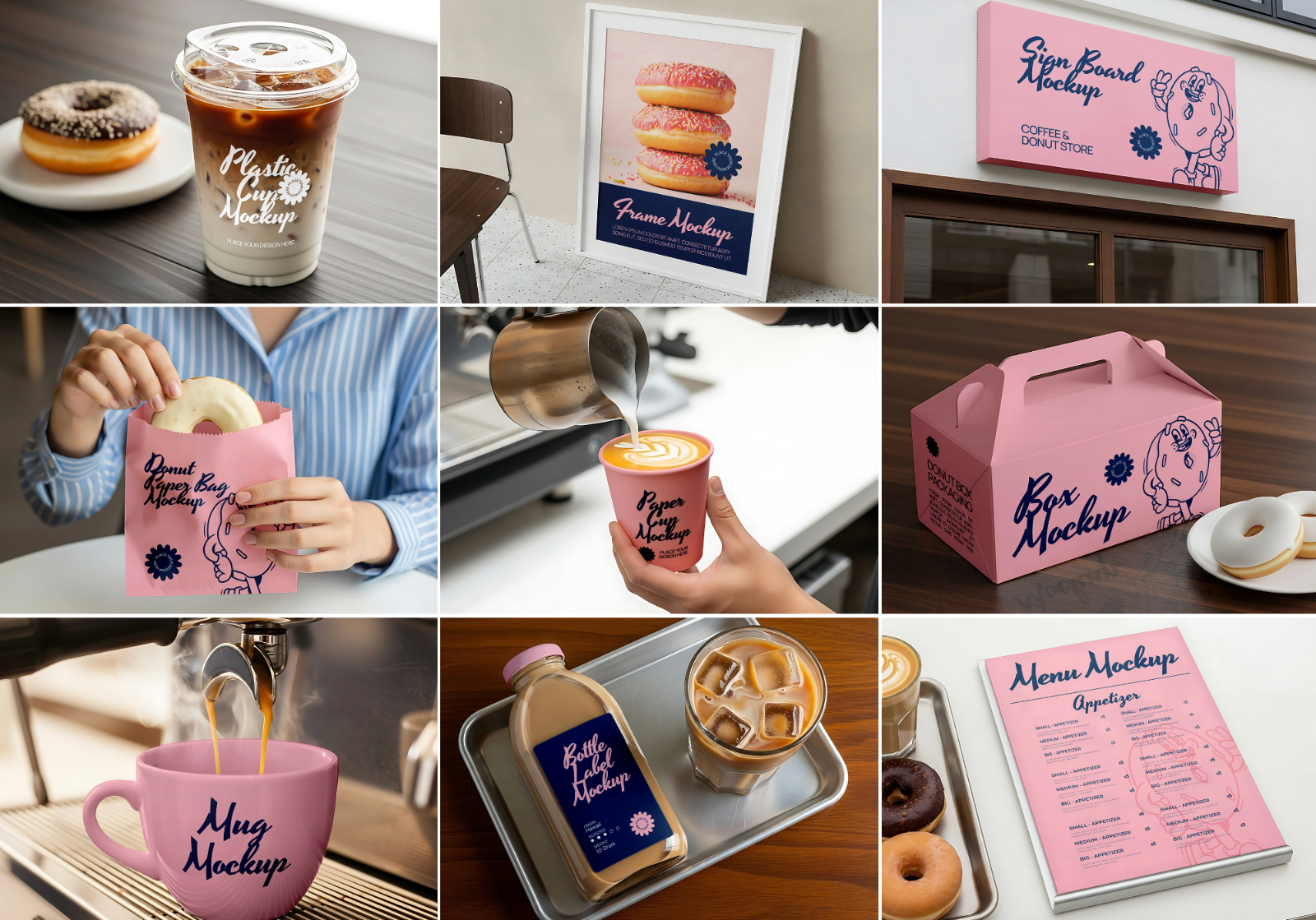Branding Mockup Donut & Coffee Shop PSD – Cafe Scene Templates for Packaging, Cups, and Menu Design