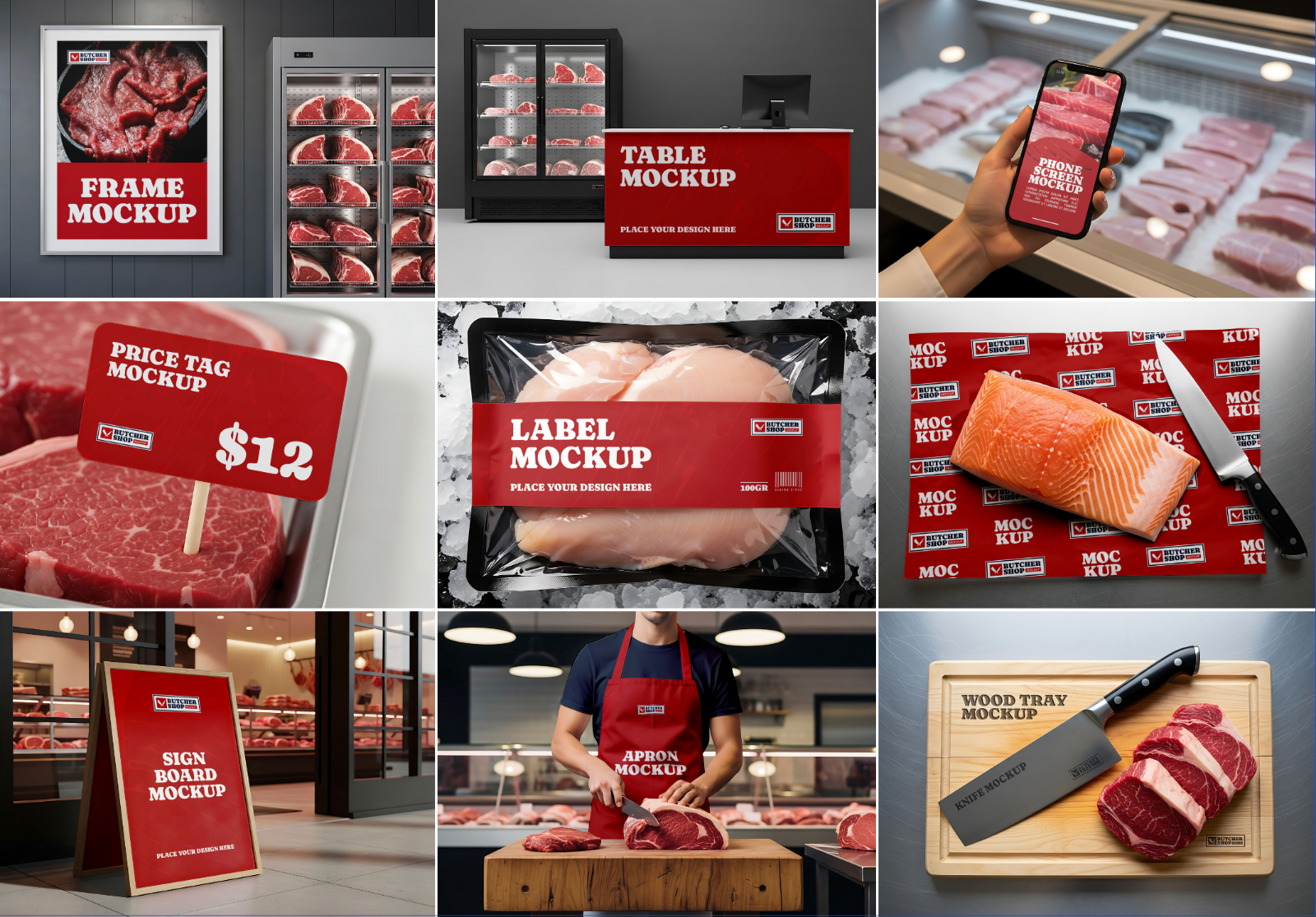 Meat & Fish Market Mockup Bundle – 15 PSD Templates for Butcher Shop Branding