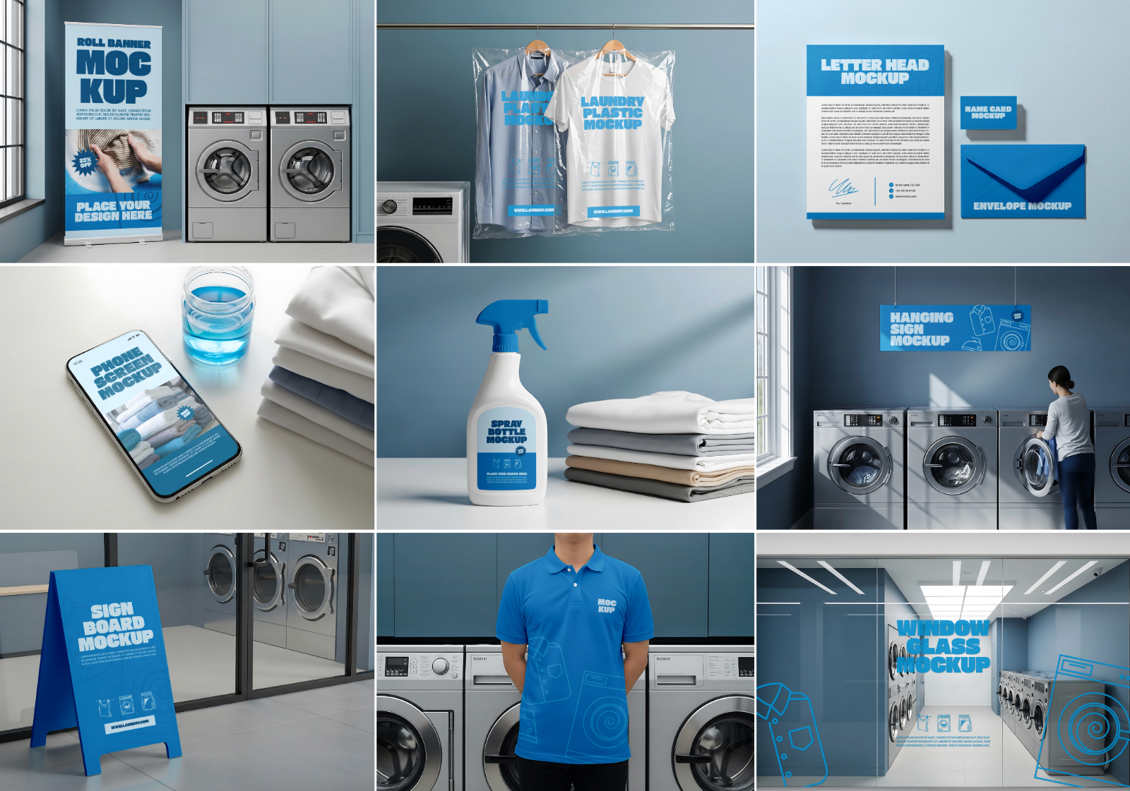 Laundry Shop Mockup Bundle – 15 PSD Templates for Branding, Packaging, and Interior Display