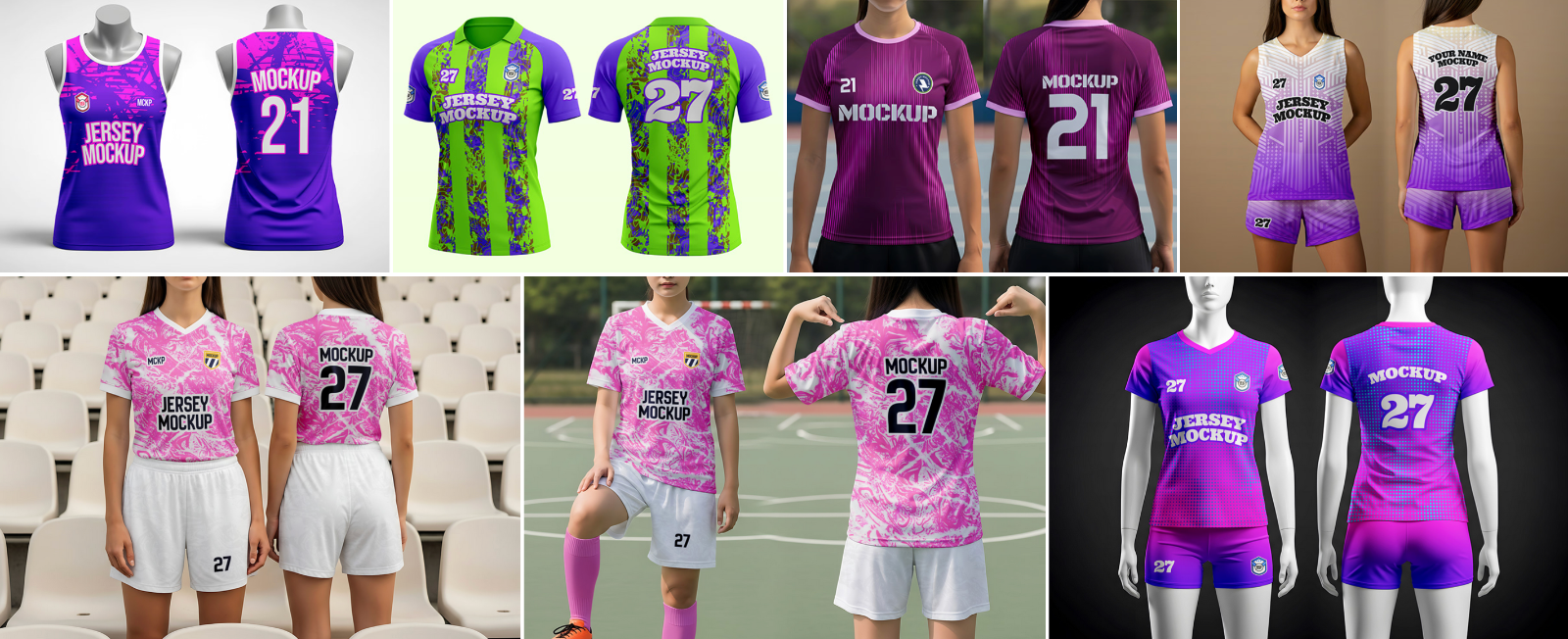 Women Jersey Mockup Bundle – 7 PSD Sportswear Templates for Volleyball, Soccer & Fitness Apparel