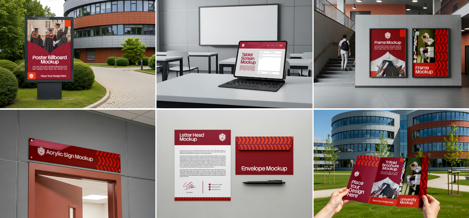 University Branding Mockup Bundle – 15 PSD Templates for Campus Signage, Uniforms, Posters & Bus Adv