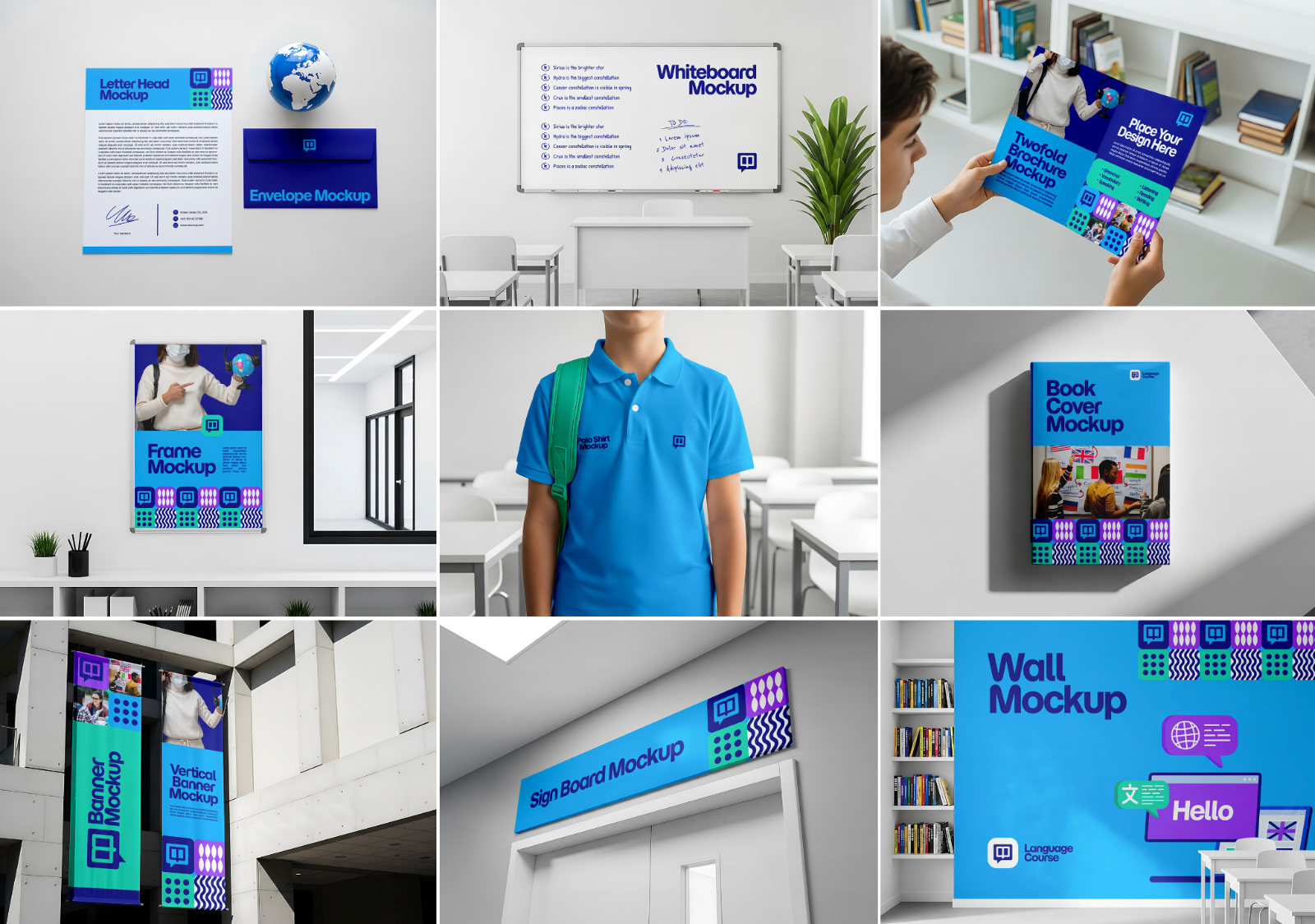 Education Course Branding 15 Mockup Bundle   Classroom, Billboard, Uniform & Stationery