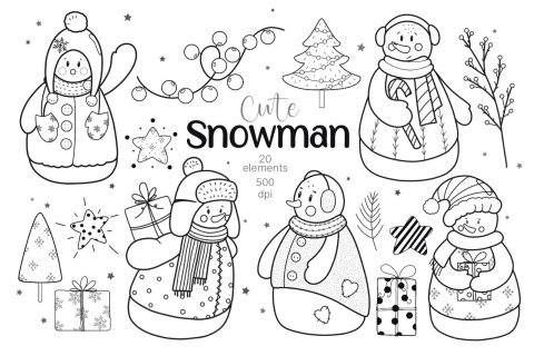 Snowman Black and White Clipart: Merry Christmas SVG, Winter PNG