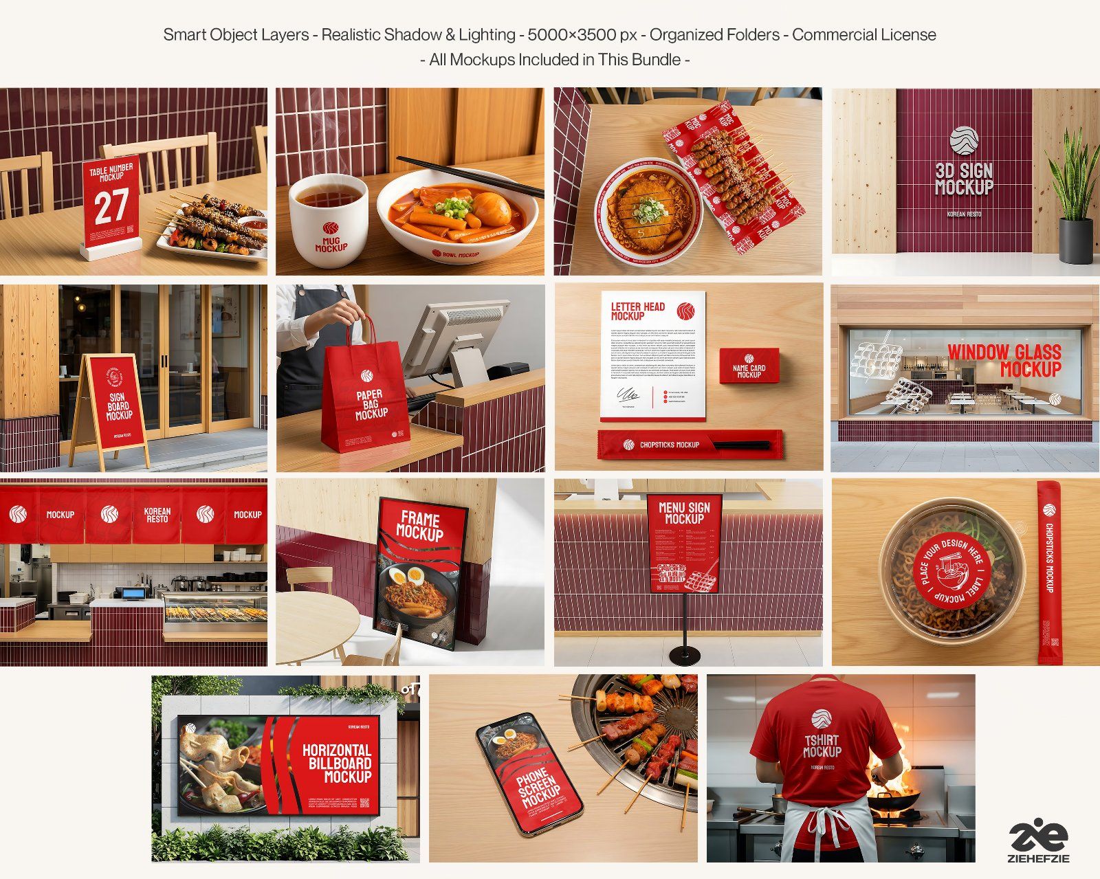 Korean Restaurant Mockup Bundle PSD – 15 Mockup Food Branding & Interior Design