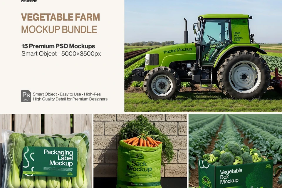Vegetable Farm Mockup Bundle PSD – Agriculture & Organic Food Branding Mockups