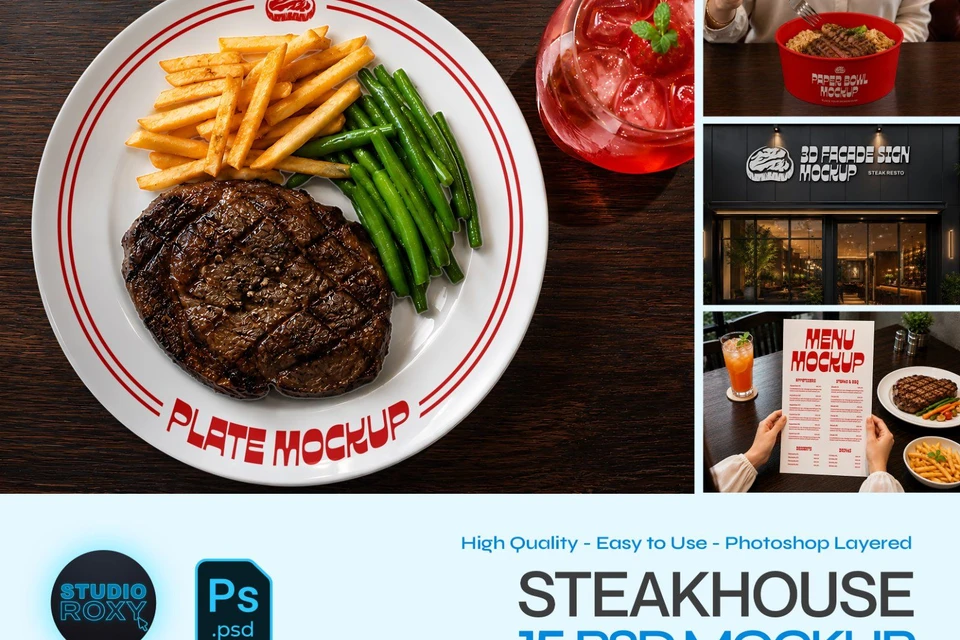 Premium Steakhouse Restaurant Branding Mockup Bundle – 15 Luxury PSD Scenes for Steak House, Bistro