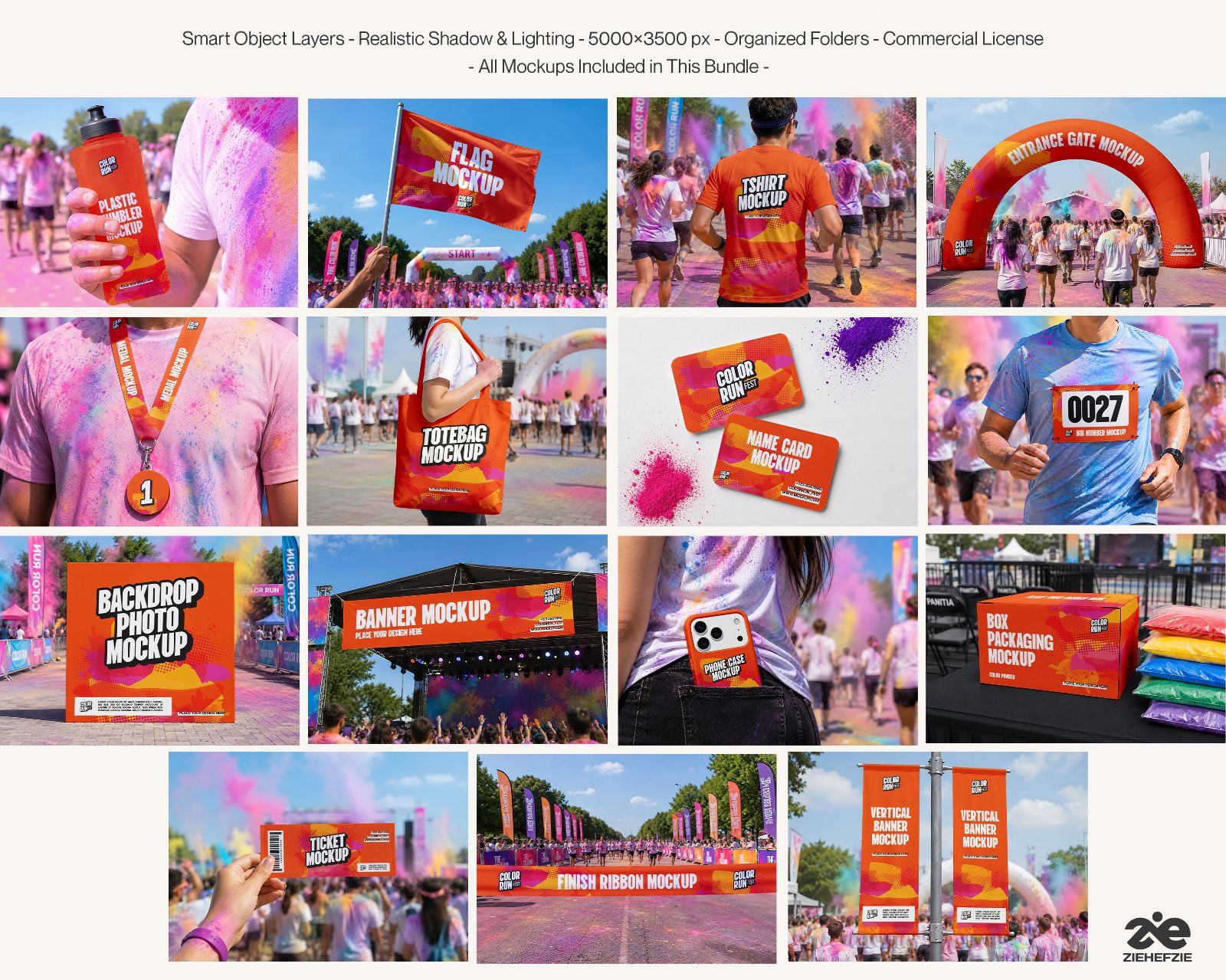 Premium Color Run Event Mockup Bundle – 15 Dynamic PSD Scenes for Sports Festival & Marathon Brandin