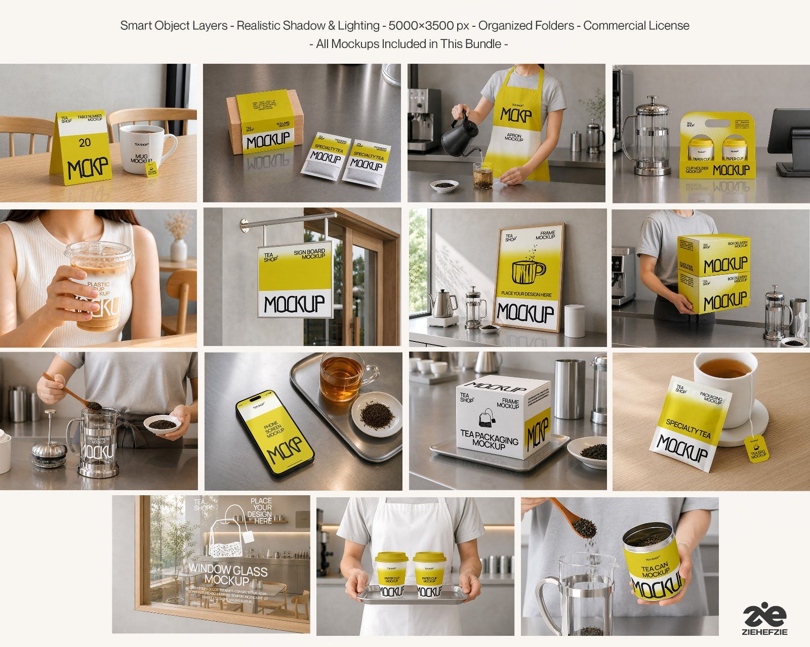 Premium Tea Shop Branding Mockup Bundle – 15 Aesthetic PSD Scenes for Tea House & Artisan Packaging
