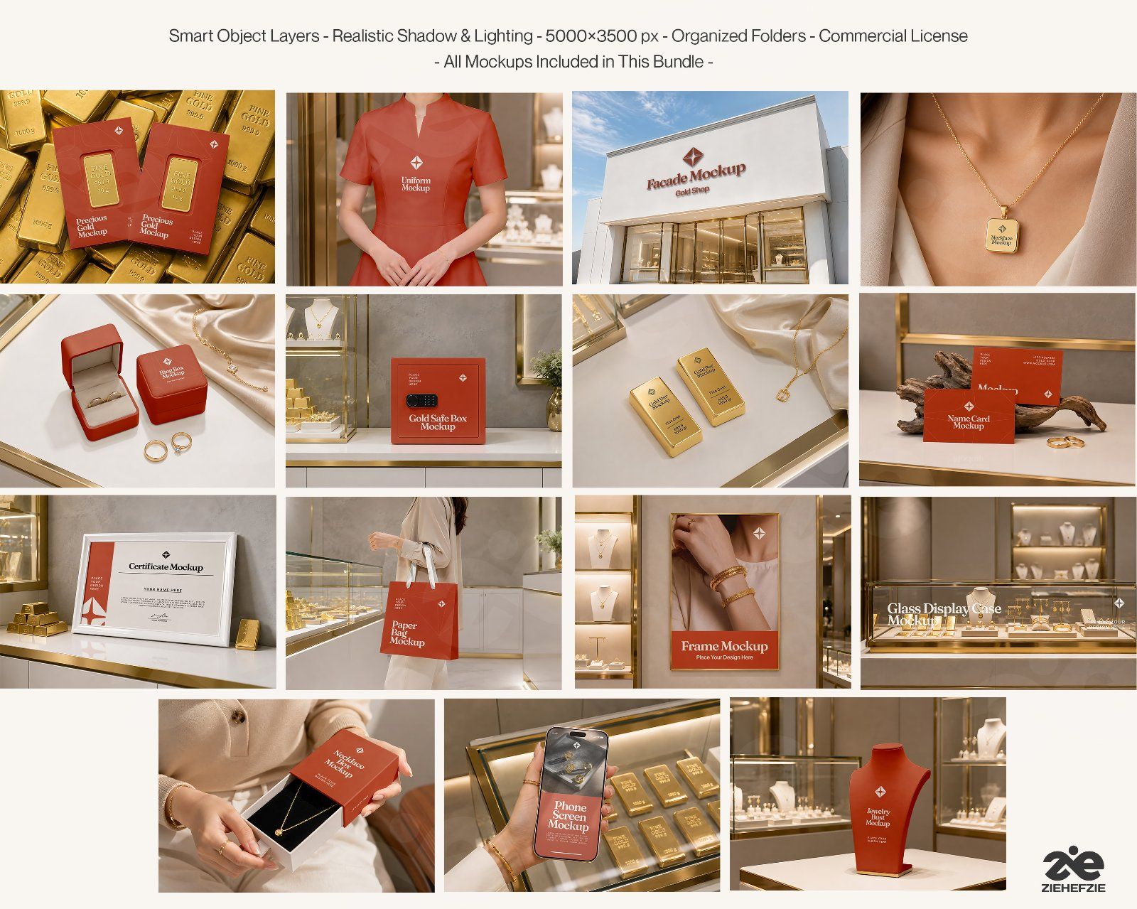 Premium Gold Shop Branding Mockup Bundle – 15 Luxury PSD Scenes for Precious Metal Retail, Jewelry B