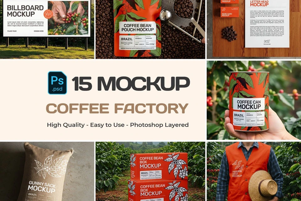 15 Coffee Factory Mockups – PSD Pouch, Can, Sack, Box, Billboard & Farm Branding Kit
