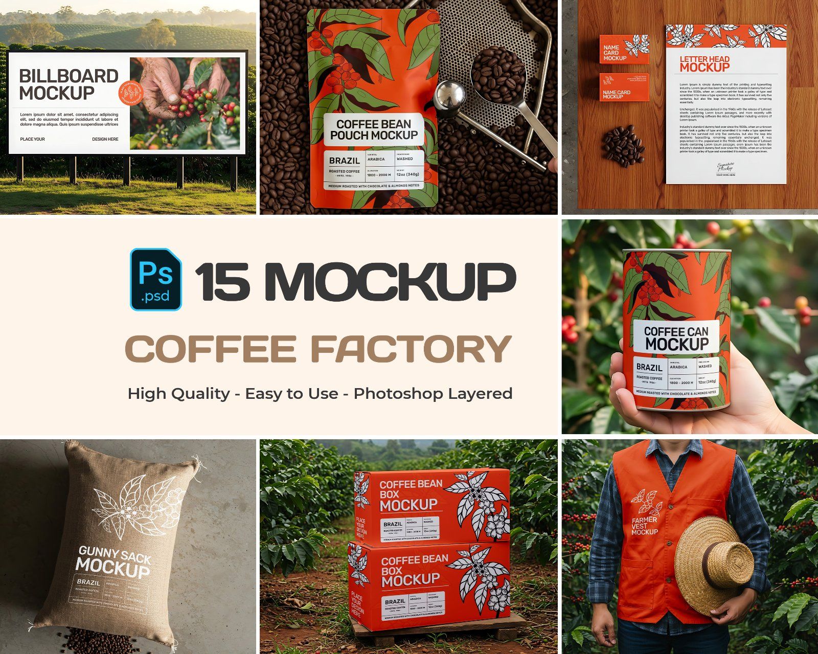 15 Coffee Factory Mockups – PSD Pouch, Can, Sack, Box, Billboard & Farm Branding Kit