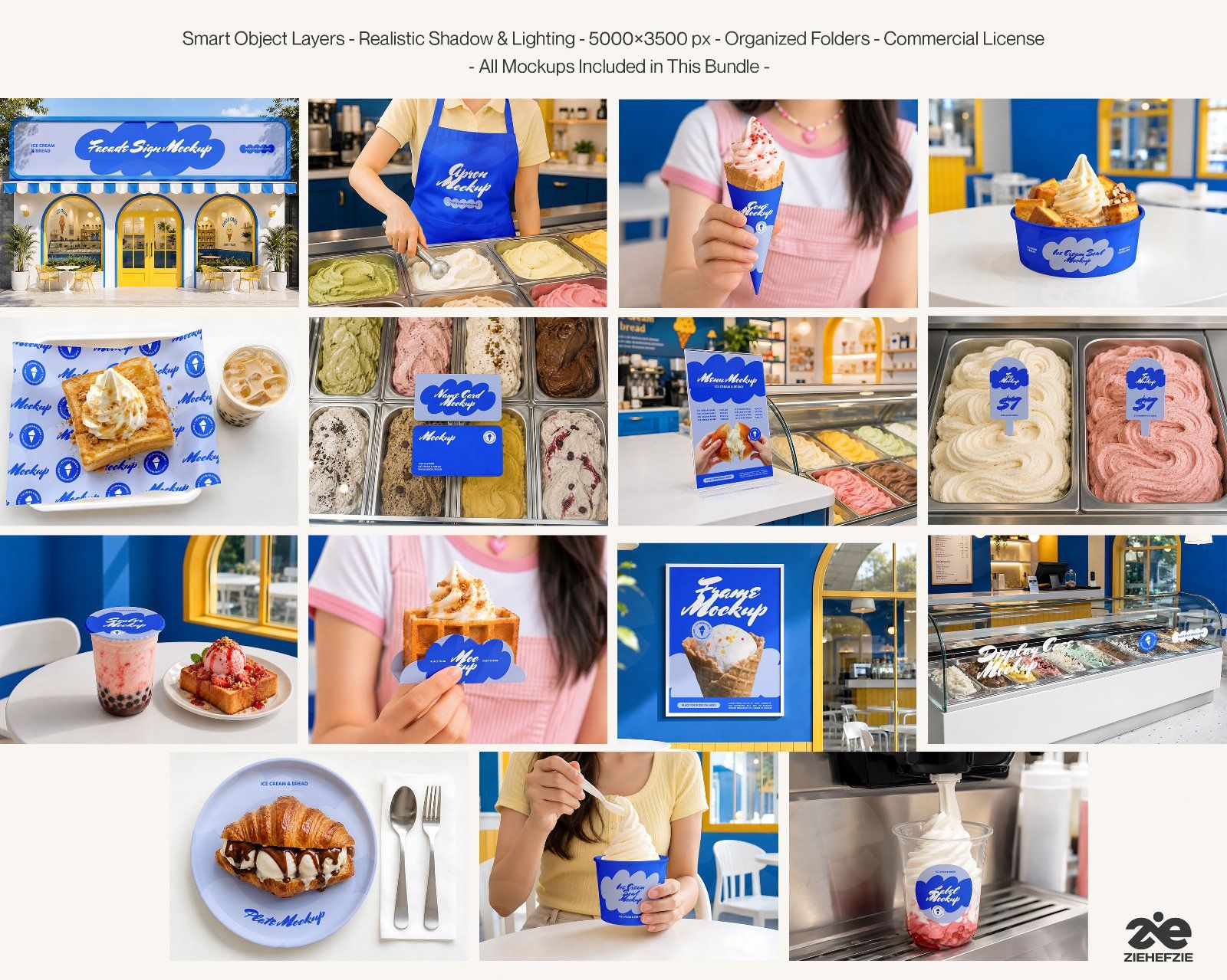 Premium Ice Cream & Bakery Branding Mockup Bundle – 15 Sweet PSD Scenes for Dessert Cafes, Food Pack