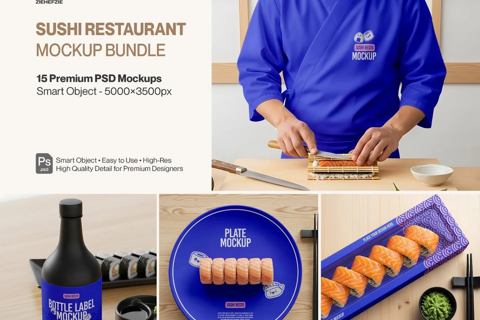 15 Premium Sushi Restaurant Bundle PSD Set for Japanese Restaurant