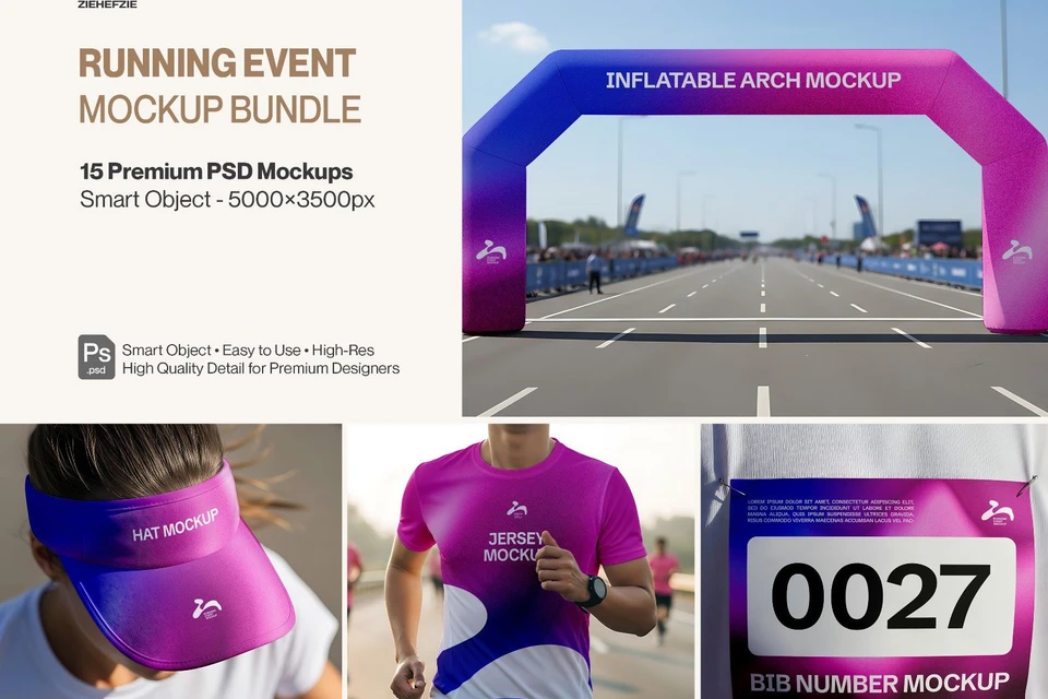 Premium Running Event 15 PSD Mockup Bundle Marathon Branding Kit