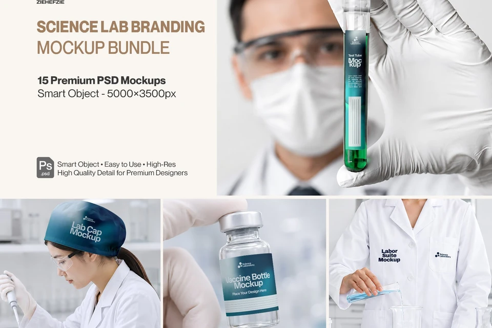 Premium Science Lab Branding Mockup Bundle – 15 Medical PSD Scenes for Pharmaceutical, Healthcare &