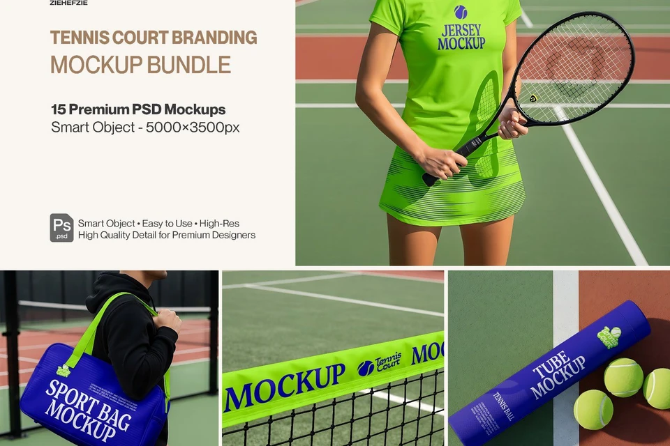 Pro Tennis Court Branding Mockup Bundle – 15 Premium PSD Scenes for Sportswear & Athletic Identity