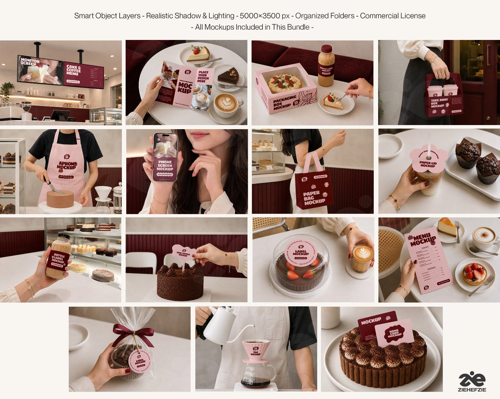 Premium Cake & Coffee Shop Branding Mockup Bundle – 15 Aesthetic PSD Scenes for Bakeries, Cafes