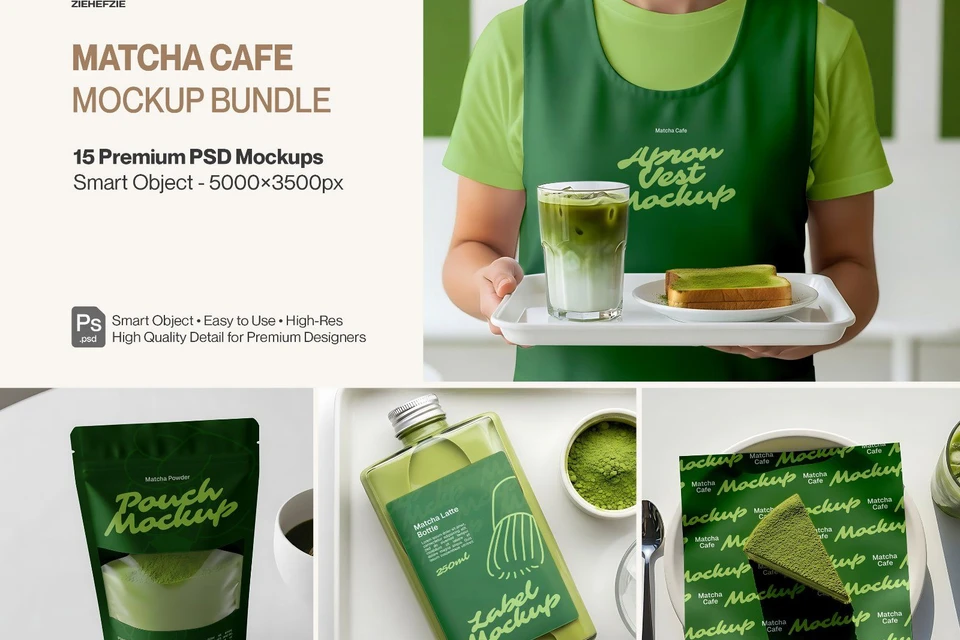 Matcha Cafe Mockup Bundle PSD – Cafe Branding & Packaging Presentation