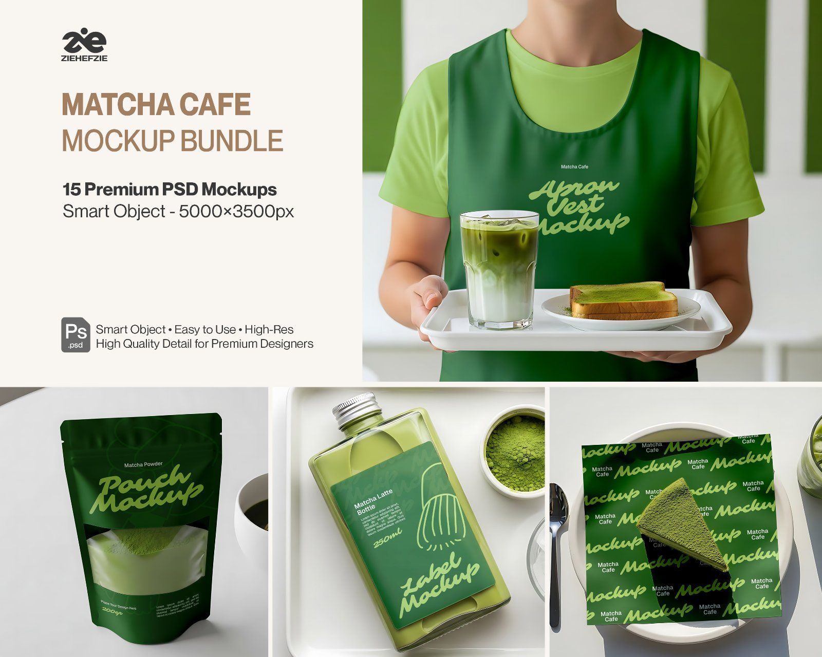 Matcha Cafe Mockup Bundle PSD – Cafe Branding & Packaging Presentation