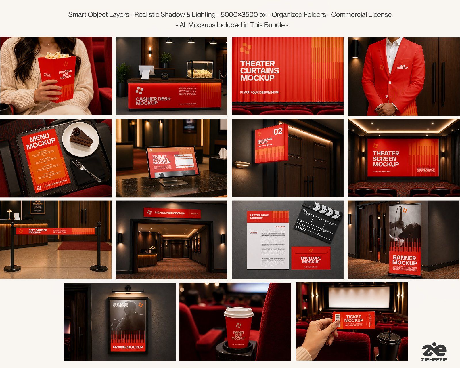 Premium Cinema Branding Mockup Bundle – 15 Cinematic PSD Scenes for Theater, Movie & Entertainment I