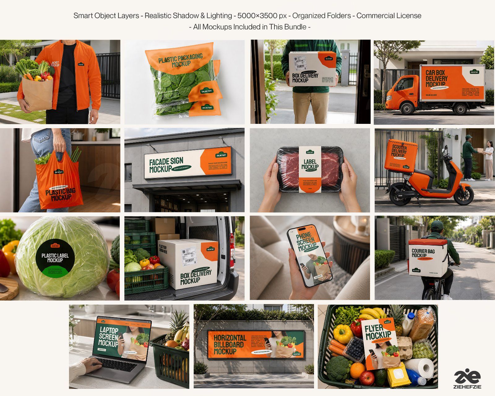 Premium Online Groceries Branding Mockup Bundle – 15 Fresh PSD Scenes for Supermarket Delivery