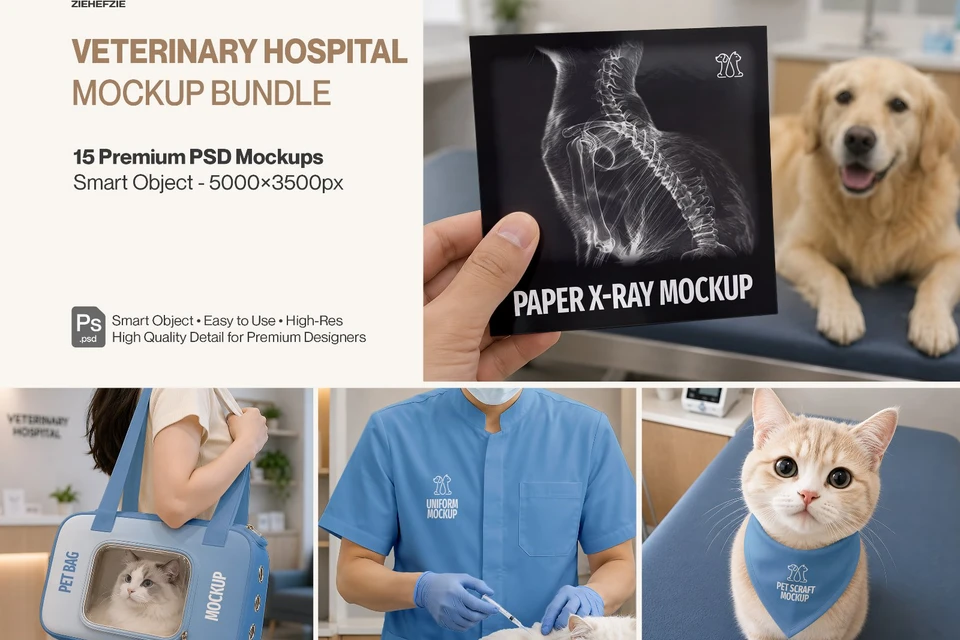 Premium Veterinary Hospital Branding Mockup Bundle – 15 Clinical PSD Scenes for Vet Clinics