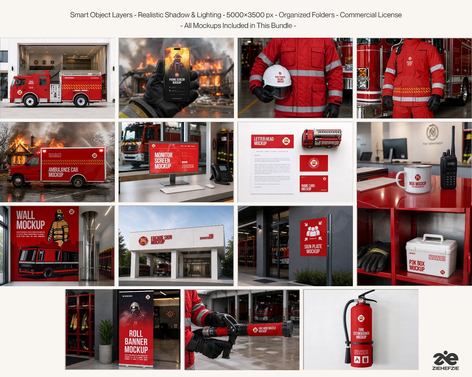 Premium Fire Fighter Branding Mockup Bundle – 15 Rescue PSD Scenes for Emergency Uniforms, Vehicles
