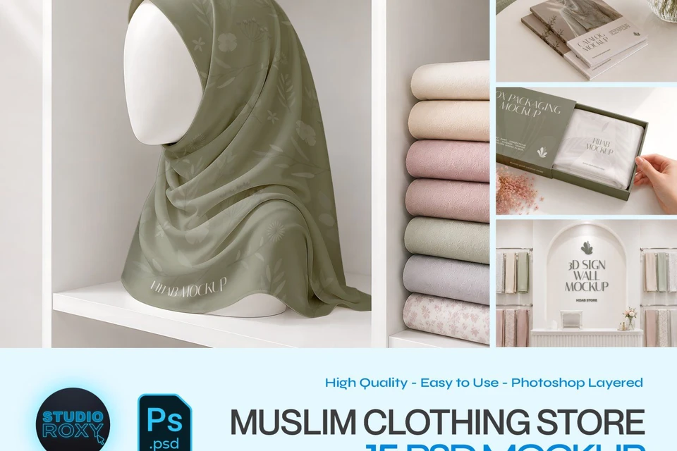 Premium Muslim Clothing Store Mockup Bundle – 15 Aesthetic PSD Scenes for Hijab Boutique, Modest Fas