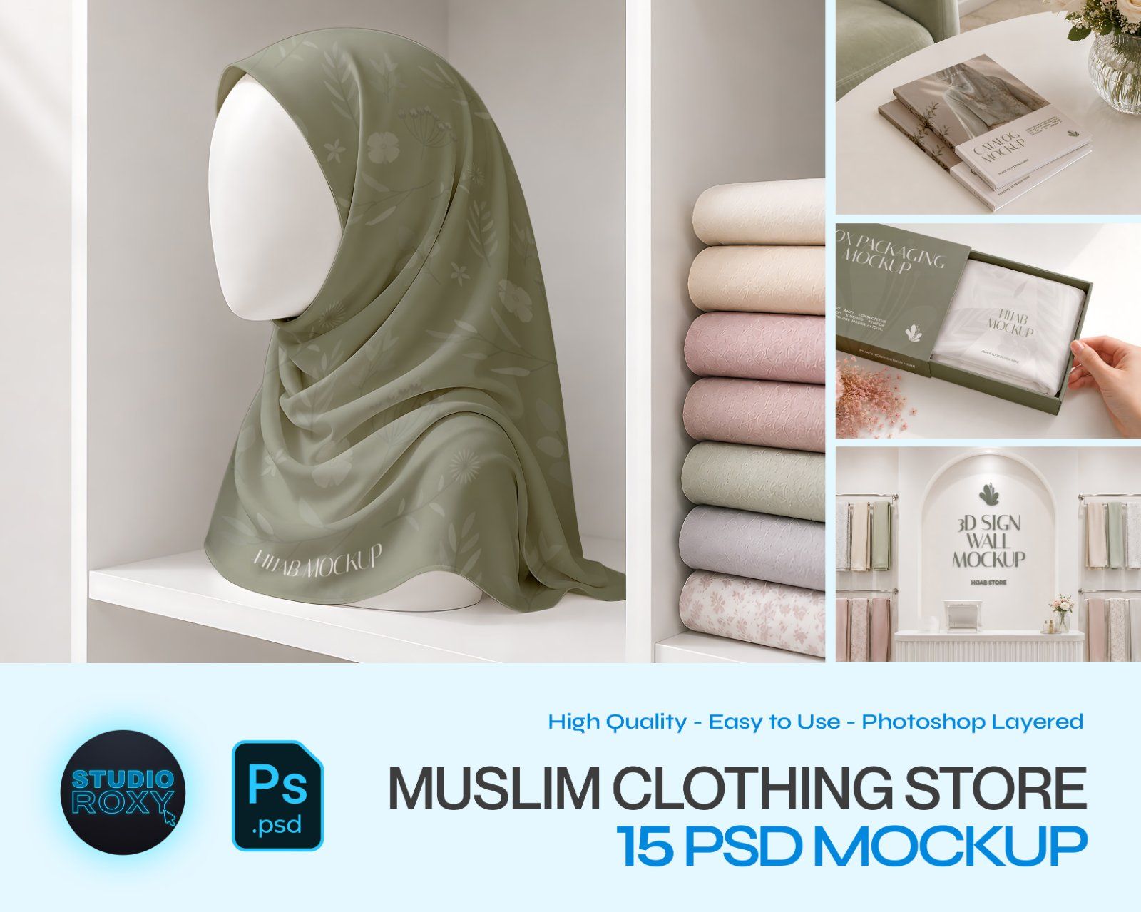 Premium Muslim Clothing Store Mockup Bundle – 15 Aesthetic PSD Scenes for Hijab Boutique, Modest Fas