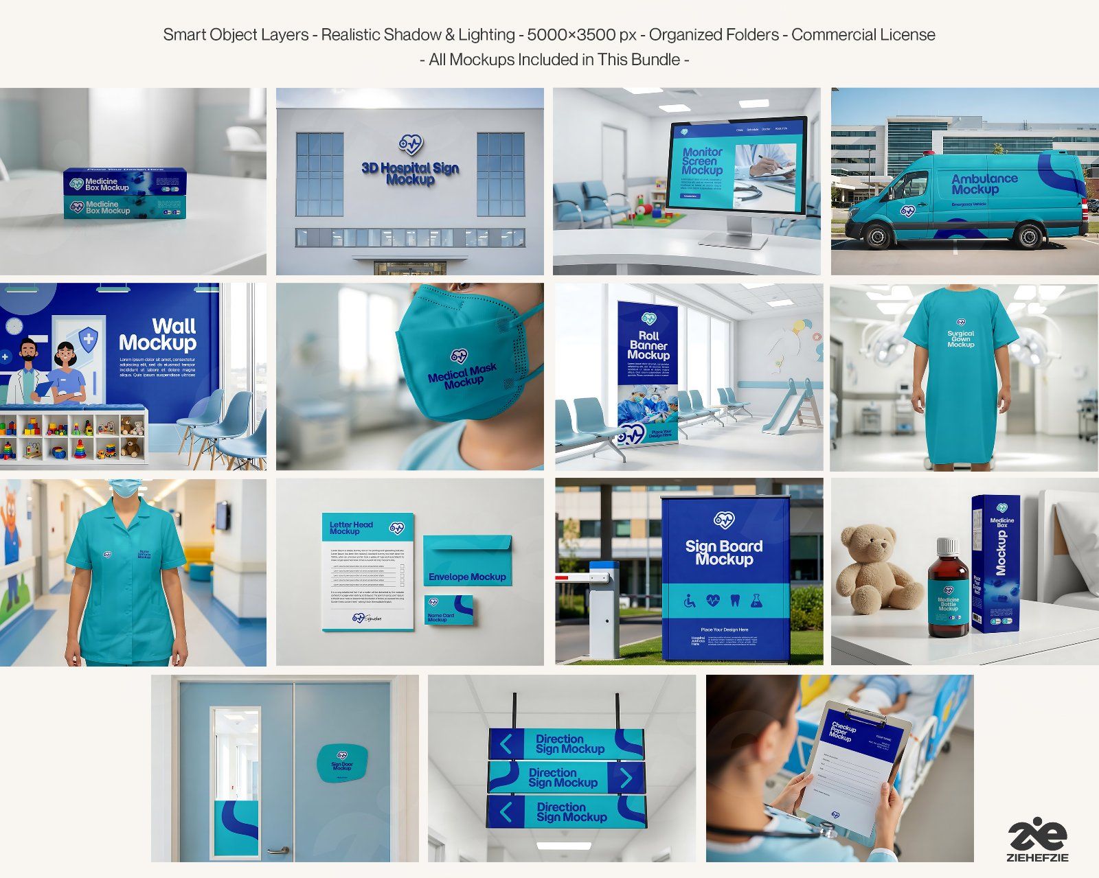 Hospital Mockup Bundle Vol.2 – Medical Branding PSD Pack (Ambulance, Nurse Uniform, Medicine Bottle,