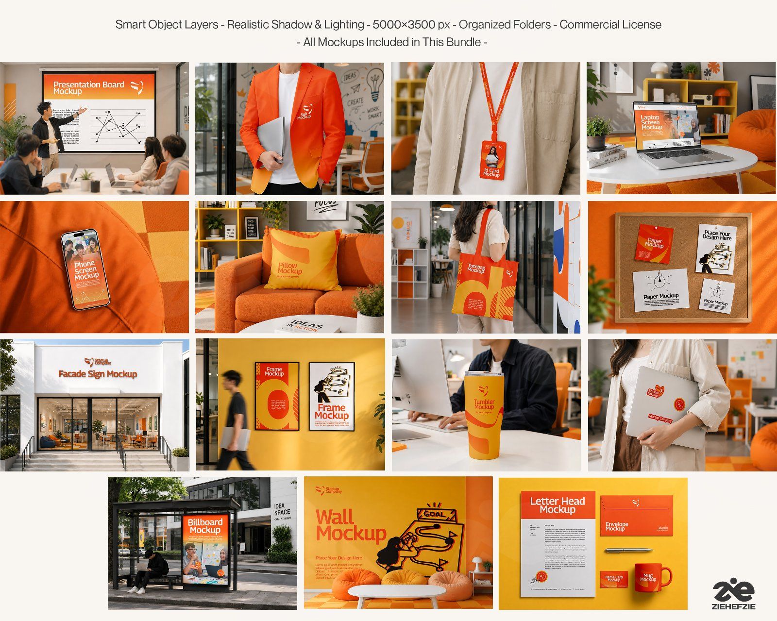 Premium Startup Company Branding Mockup Bundle – 15 Creative Corporate PSD Scenes for Tech Startups,