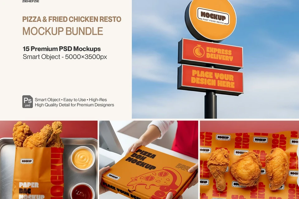 Fast Food Restaurant Mockup Set for Pizza & Fried Chicken Branding.
