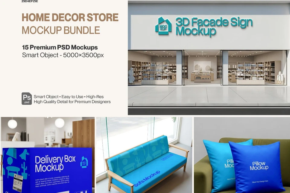 Home Decor Store Mockup Bundle PSD – Interior Branding & Retail Display