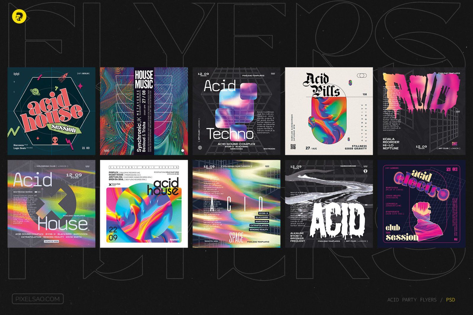 Acid Party Flyer, Poster Templates Bundle