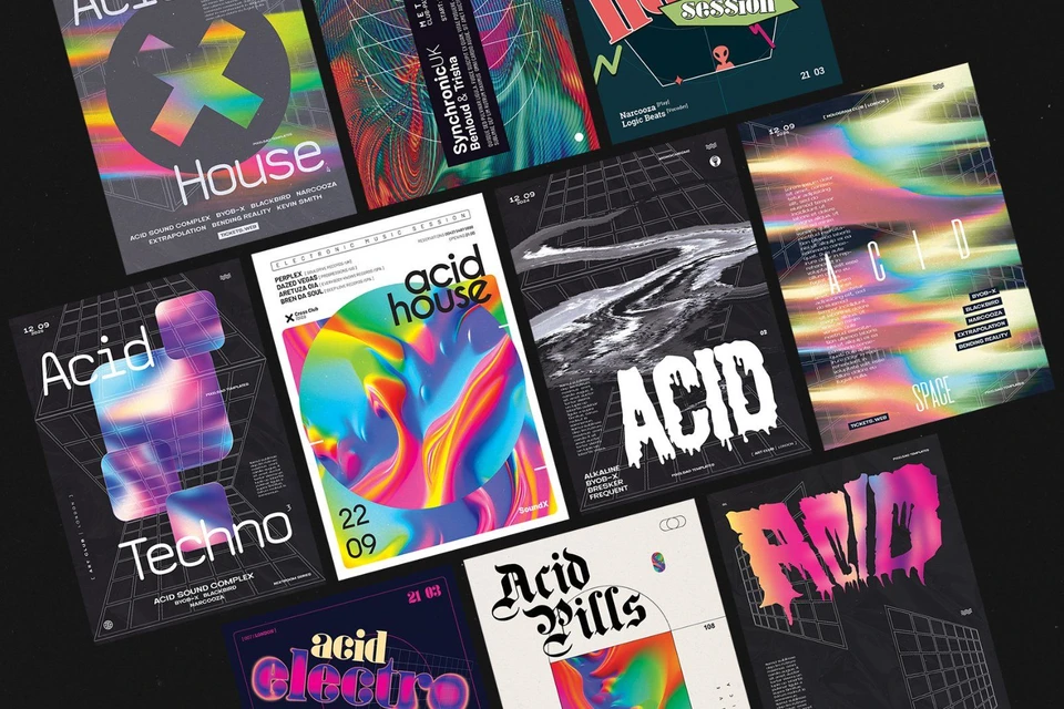 Acid Party Flyer, Poster Templates Bundle