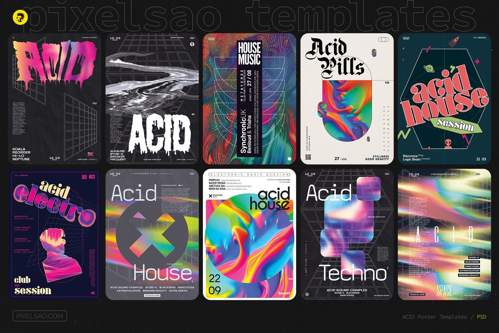 Acid Party Flyer, Poster Templates Bundle