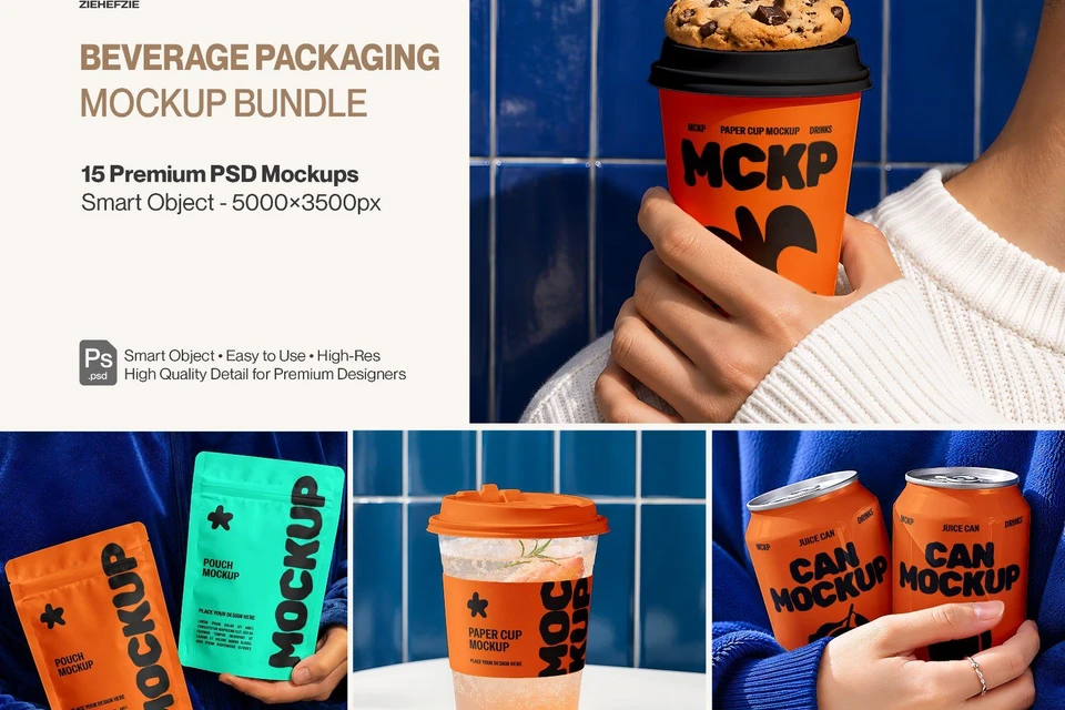 Premium Beverage Packaging Mockup Bundle – 15 Bold PSD Scenes for Modern Juice, Coffee & Soda Brandi