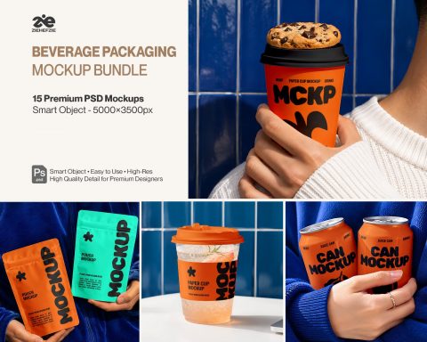 Premium Beverage Packaging Mockup Bundle – 15 Bold PSD Scenes for Modern Juice, Coffee & Soda Brandi