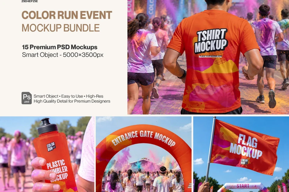 Premium Color Run Event Mockup Bundle – 15 Dynamic PSD Scenes for Sports Festival & Marathon Brandin