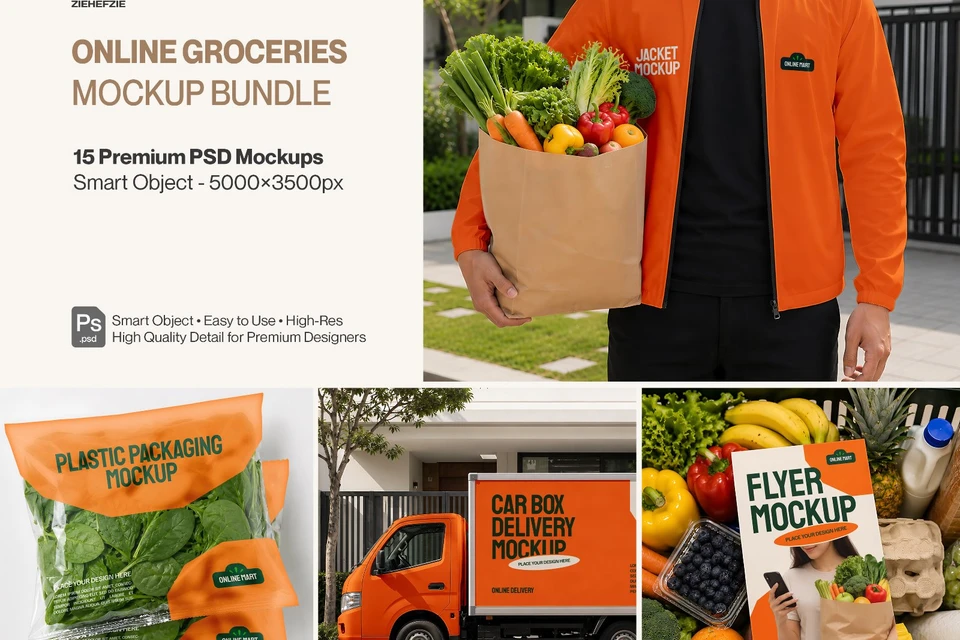 Premium Online Groceries Branding Mockup Bundle – 15 Fresh PSD Scenes for Supermarket Delivery