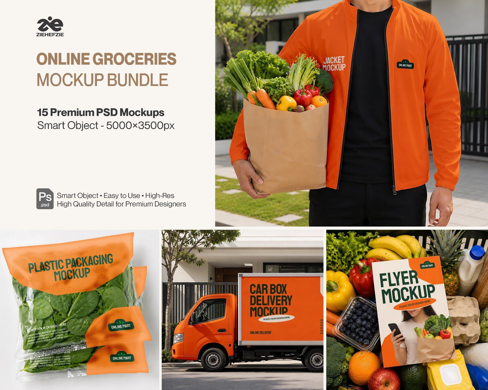 Premium Online Groceries Branding Mockup Bundle – 15 Fresh PSD Scenes for Supermarket Delivery