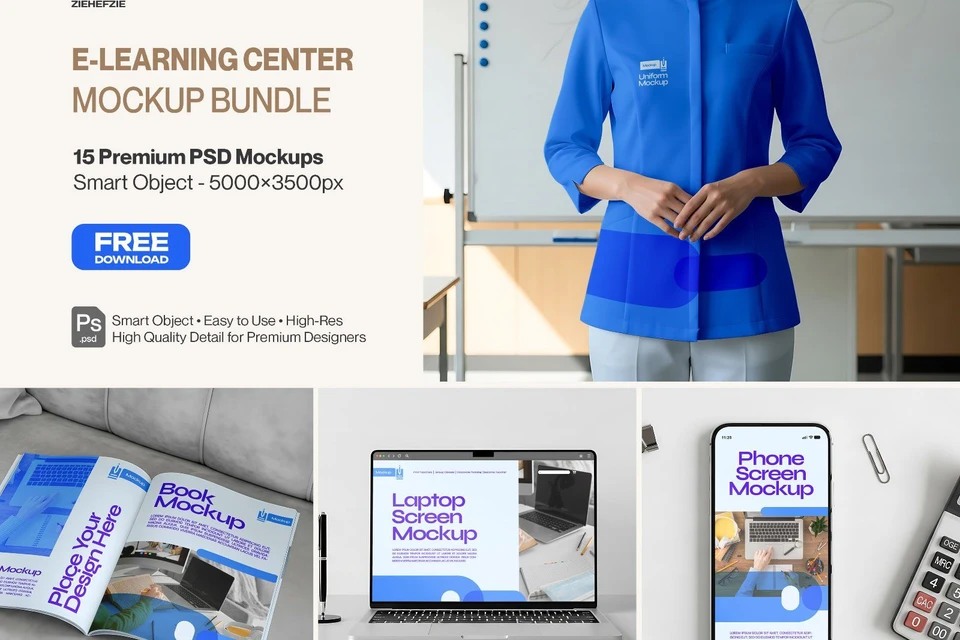 E-Learning Center Premium Education Branding PSD Mockups for Online Courses & Training Centers