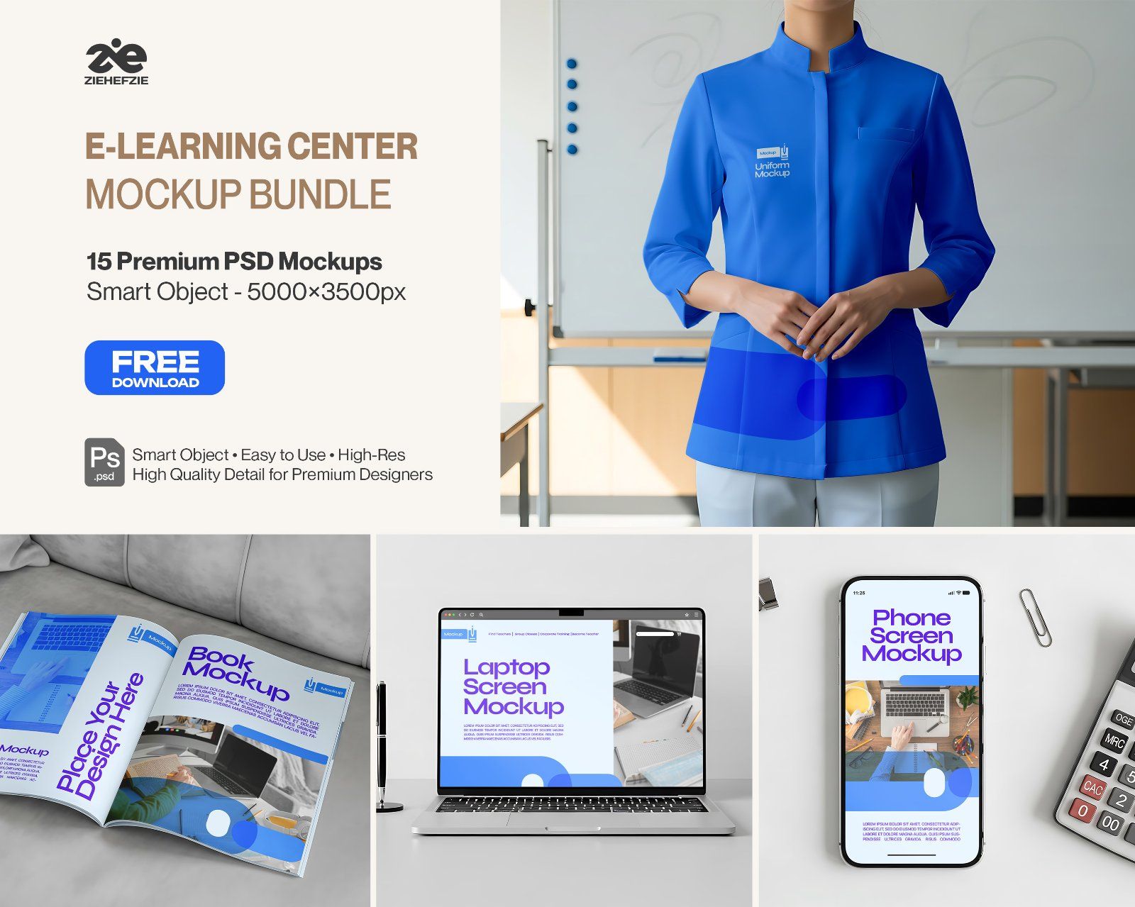 E-Learning Center Premium Education Branding PSD Mockups for Online Courses & Training Centers
