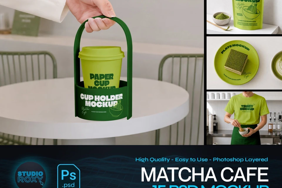 Premium Matcha Cafe Branding Mockup Bundle – 15 Aesthetic PSD Scenes for Tea House, Bakery & Packagi