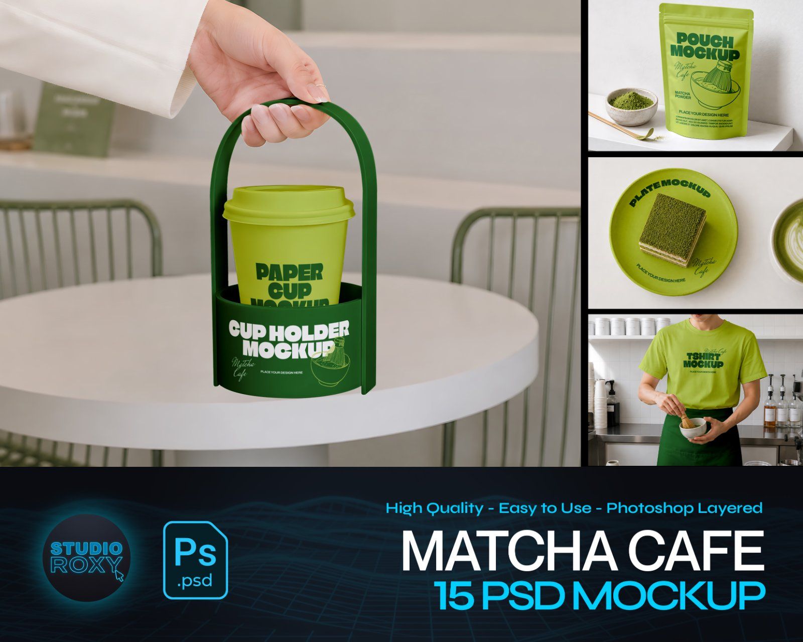 Premium Matcha Cafe Branding Mockup Bundle – 15 Aesthetic PSD Scenes for Tea House, Bakery & Packagi