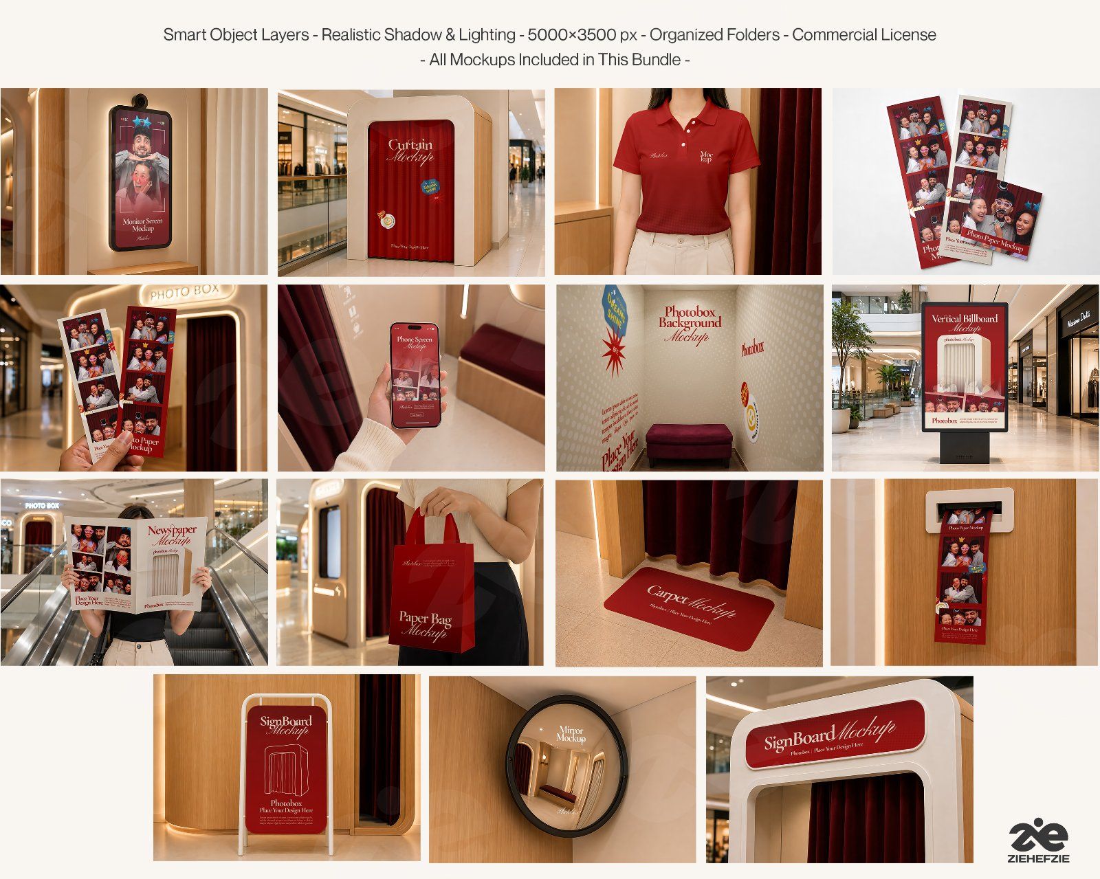 Premium Photo Box Rental Mockup Bundle – 15 Gen-Z PSD Scenes for Photobox Strips, Curtain Booths