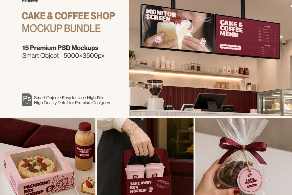 Premium Cake & Coffee Shop Branding Mockup Bundle – 15 Aesthetic PSD Scenes for Bakeries, Cafes