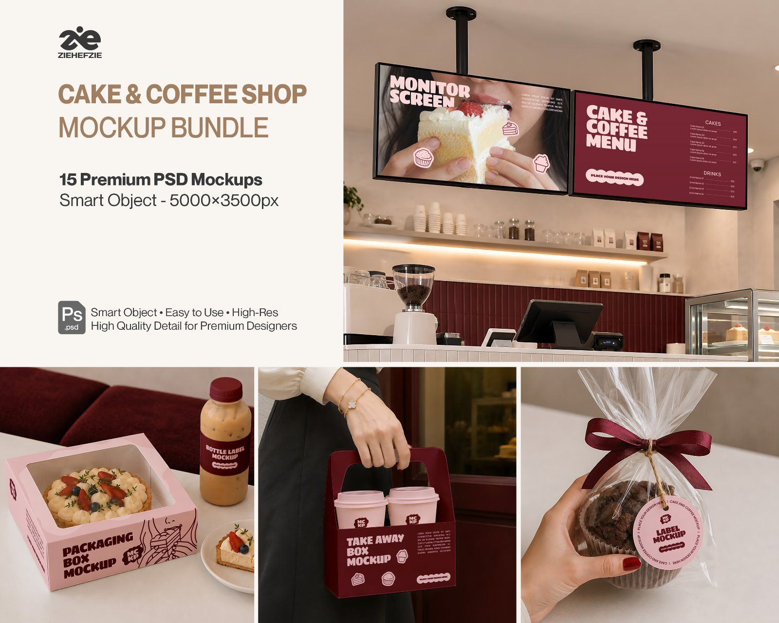 Premium Cake & Coffee Shop Branding Mockup Bundle – 15 Aesthetic PSD Scenes for Bakeries, Cafes