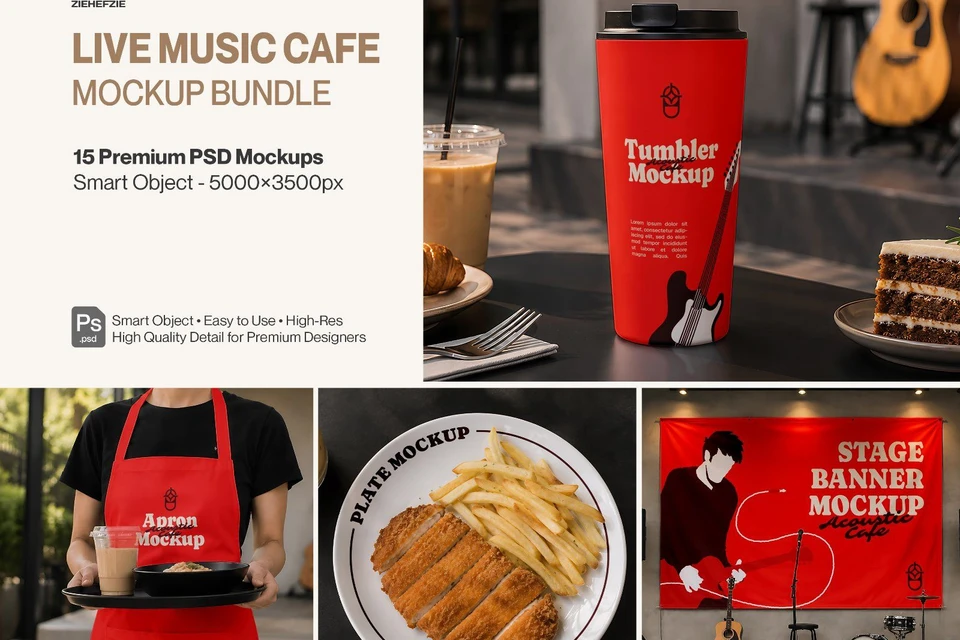 Premium Live Music Cafe Branding Mockup Bundle – 15 Aesthetic PSD Scenes for Coffee Shop & Acoustic